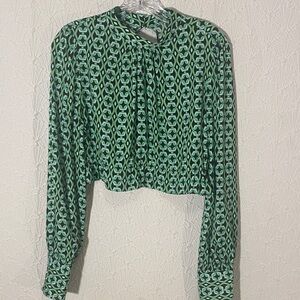 Geometric Print Green Long-Sleeve No Closure Back Blouse Daring Playful Size Sml